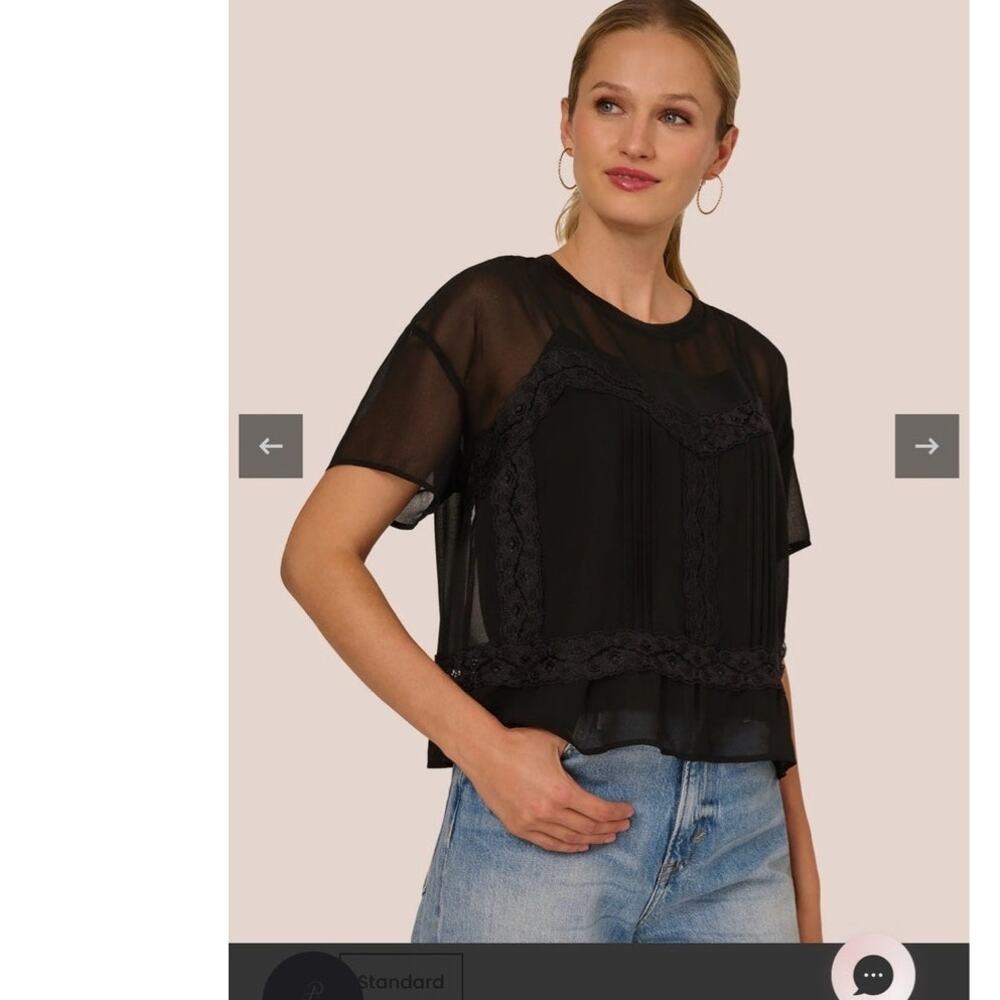 Adrianna Papell Sheer Black Lace Short Sleeve Blouse Women's Regular Fit